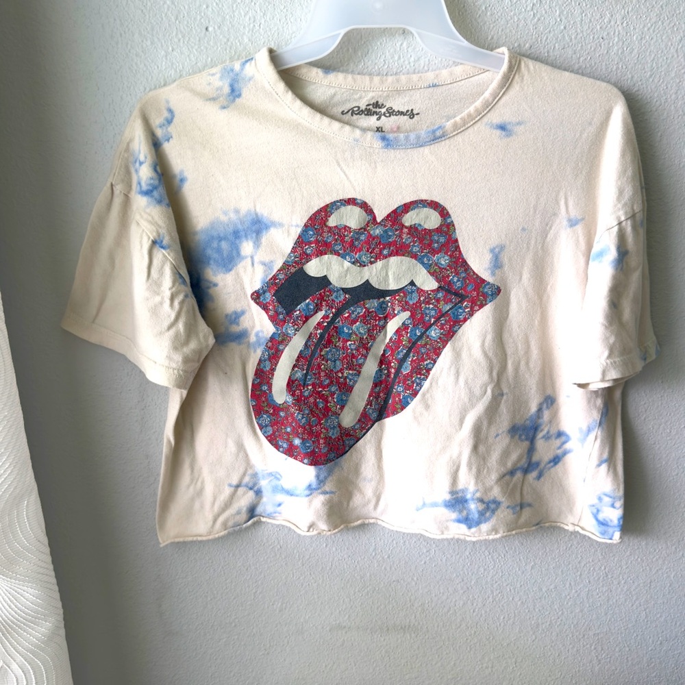 Rolling Stones Cream and Blue Tie-Dye Crop Top